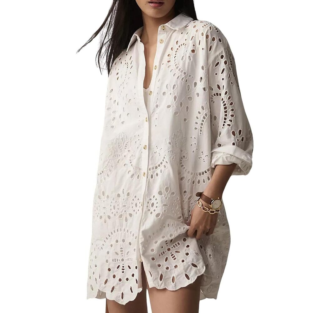 Women Eyelet Lace Dress Button Down Shirt Loose Fit Summer Casual Mini